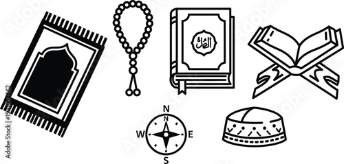 Islamic prayer icons set including prayer mat rosary Quran compass and cap for religious and cultural concepts