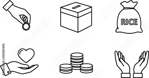 Set of charity and donation icons including hand with coin money box rice bag heart and coins stack flat vector illustration for fundraising and support concepts