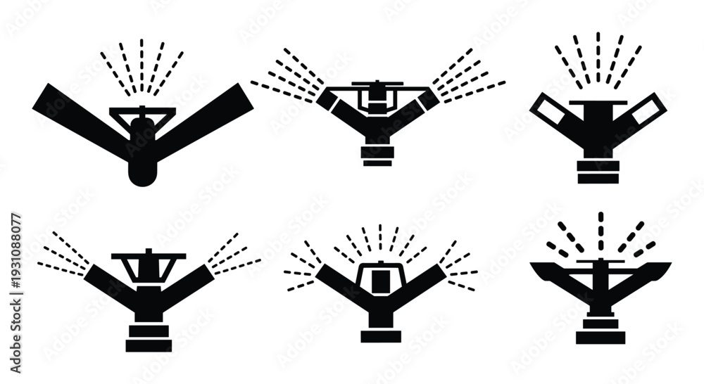 Fototapeta premium Irrigation Sprinkler System Black Silhouette Icons for Agricultural Watering and Landscaping