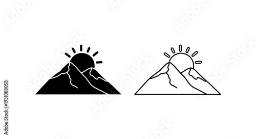 Mountain sunrise duality in black and white silhouette style design Vector