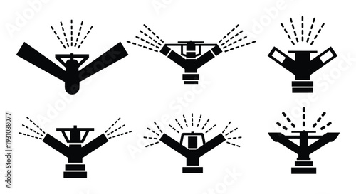 Irrigation Sprinkler System Black Silhouette Icons for Agricultural Watering and Landscaping