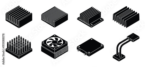 Isometric Illustration of Eight Heatsinks and Cooling Solutions for Electronics