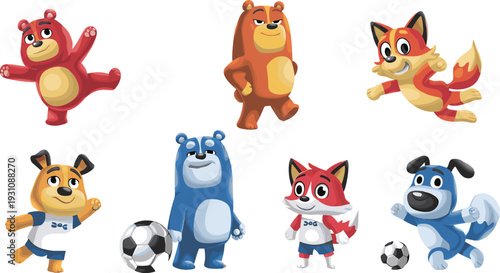 Set of playful animal mascots including bears, foxes, and dogs playing soccer in colorful flat cartoon style for children sports branding and creative character design projects.