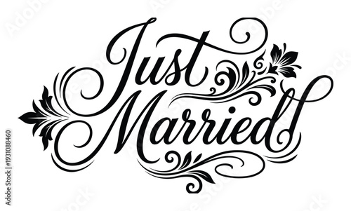 Just Married ornate calligraphy lettering design, vector flourish illustration for wedding and marriage announcement card