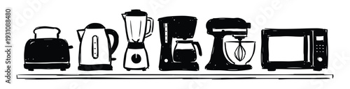 Kitchen appliances set: toaster, kettle, blender, coffee maker, mixer, microwave on shelf. Household items, vector design