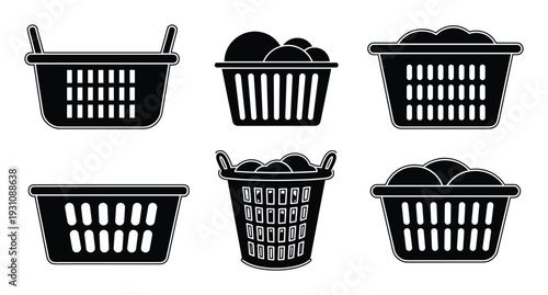 Laundry Baskets Vector Graphics Collection, Black Silhouette Design, Clothing Storage Containers