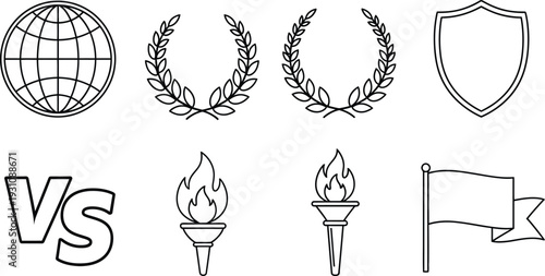 Set of outline award and competition icons including globe laurel wreaths shield VS torches and flag for sports or achievement concepts isolated on white