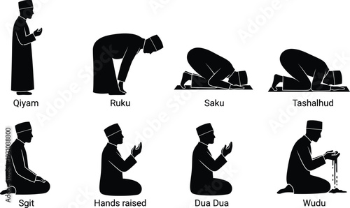 Collection of Islamic prayer positions vector silhouettes illustrating Salah steps for religious education and cultural representation isolated on white