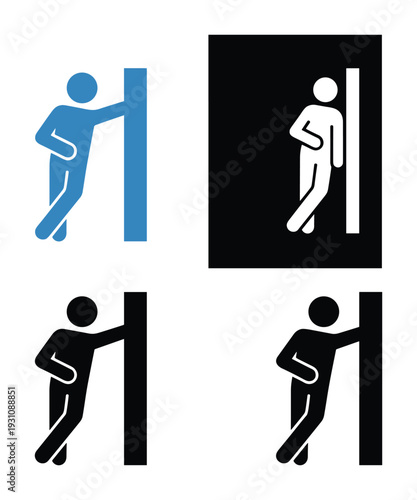 Man leaning against wall icons. Pictogram of person relaxing with arm rest. Sign of relaxing posture in four different styles.