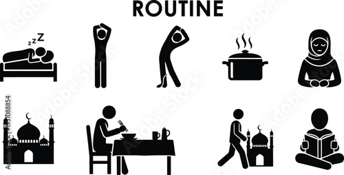 Vector illustration of a Muslim daily routine depicted through a set of silhouette stick figure icons suitable for cultural infographics and web design