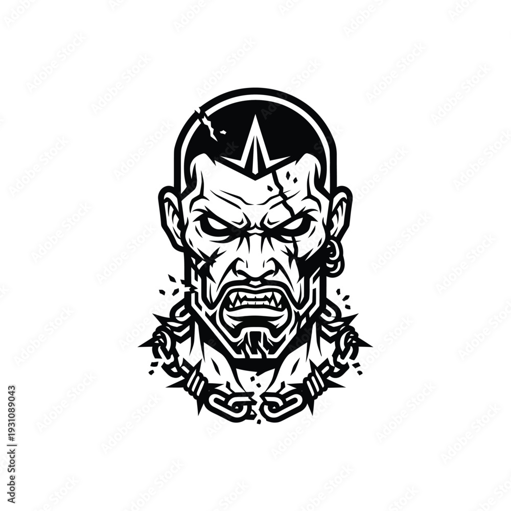 Obraz premium Aggressive Spiked Chain Warrior Head: Intense Black and White Vector Illustration for Logos, T-shirts, and Gaming