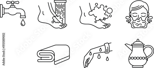 Collection of hygiene and personal care icons representing water usage for washing and cleanliness ideal for health and wellness graphics