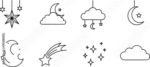 Collection of minimalist night sky icons including moon stars and clouds perfect for weather apps and celestial themes
