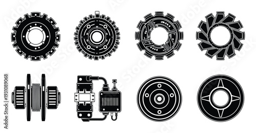 Mechanical gears and equipment illustrations, engineering components diagrams, black and white drawings
