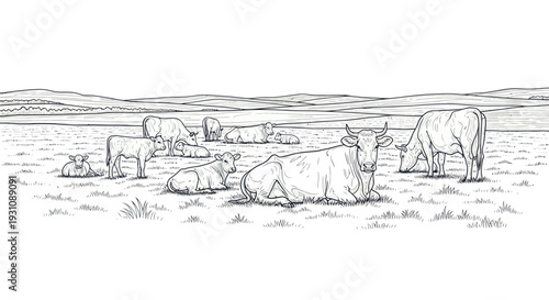 Herd of Cows Grazing in a Pastoral Landscape - Line Drawing Illustration