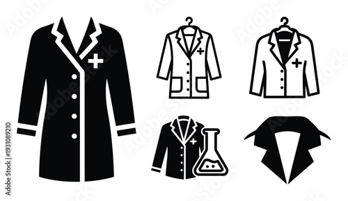 Medical lab coats icons, coats with cross signs, scientific research apparel, professional uniform clothing