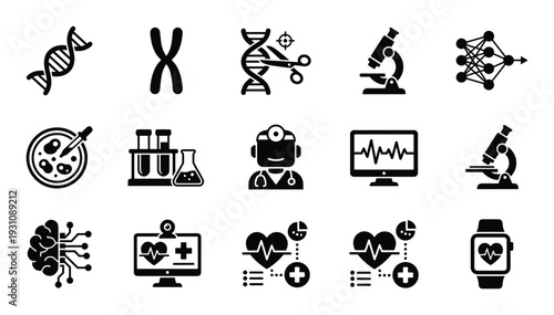 Medical technology and science icons set. DNA, Microscope, brain, doctor, chromosomes, computer monitor, test tubes, smartwatch.