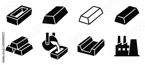 Metal industry icons set, metallurgical production process, metal bars, smelting process, factory, and molds icons.