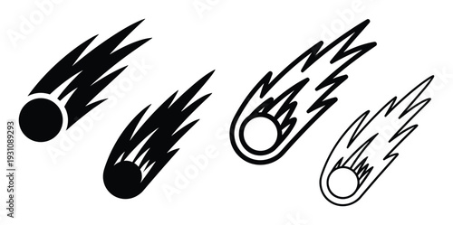 Meteor shower vector illustration, two black and two line art comets falling, space concept, isolated, on white background