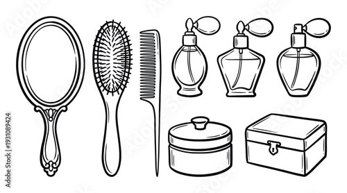 Mirror, hairbrush, comb, perfume bottles, powder box, and jewelry box outlined in black and white vector art.