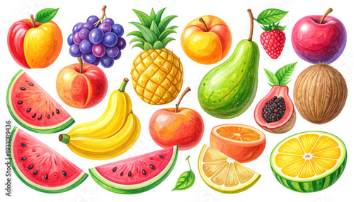 Colorful assortment of fresh tropical and citrus fruits in vibrant display isolated on transparent background