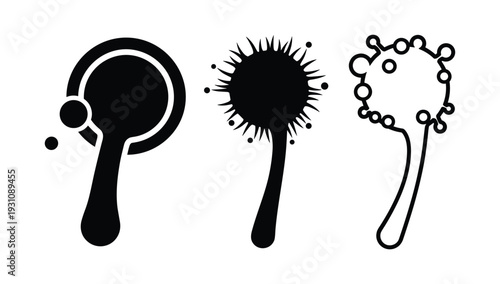 Mold icons vector illustration, three different fungus shapes, abstract black and white drawing of microorganism