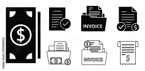 Money and Invoice Icons Vector Set, Finance Documents, Payment and Accounting Symbols Illustration