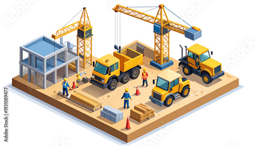 Construction site with cranes and heavy machinery in operation near buildings isolated on transparent background