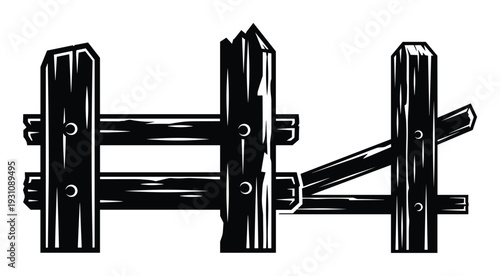 Monochrome vector illustration of a rustic wooden fence with a jagged and worn appearance, isolated on white background