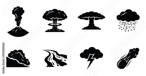 Natural disaster icons set featuring volcano, explosion, rain, landslide, river, lightning, and meteor