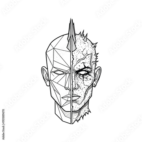 Duality Head: Geometric vs. Organic Human Face, Abstract Mind Conflict & Transformation. Black & White Vector Art