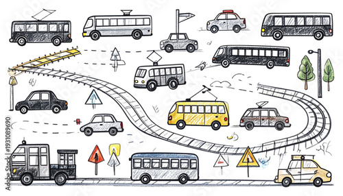 A diverse collection of vehicles and their routes on a networked map system isolated on transparent background