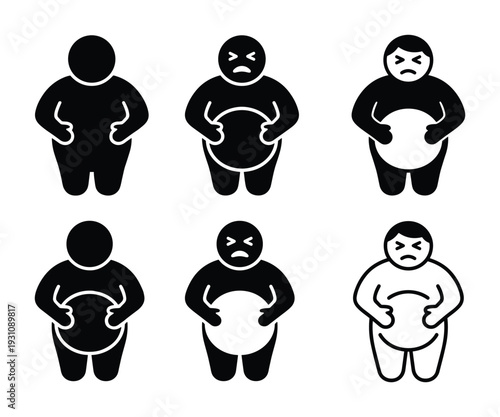 Obese man icon set with sad expression, health problem body shape illustration, belly fat symbol and weight gain problem.