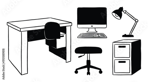 Office desk setup with computer, lamp, chair, and filing cabinet in black and white drawing illustration
