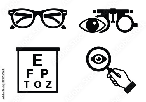 Optometry icons set, vision test chart, glasses, trial frame, magnifying glass for ophthalmology or optician