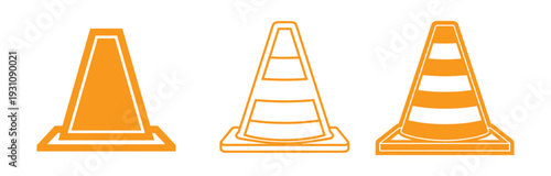 Orange traffic cones in outline style, safety cones with stripes for road work and construction sites