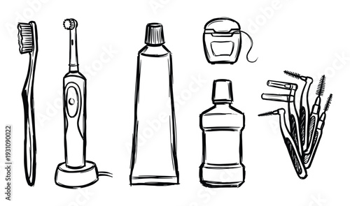 Oral hygiene tools sketch illustration with toothbrush, toothpaste, dental floss, interdental brush and mouthwash