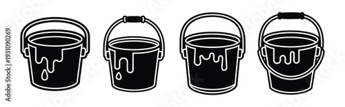 Paint buckets vector illustration, black and white, various spill styles, design element for painting and home improvement projects.