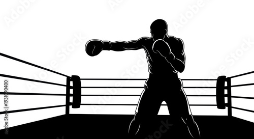 Boxing Silhouette: Fighter Punching in Ring Arena, Dynamic Action, Sport Concept