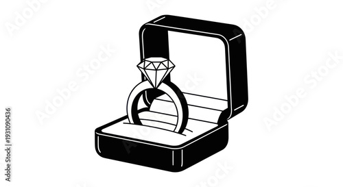 Diamond Engagement Ring in Open Black Jewelry Box - Black and White Illustration