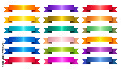 Colorful collection of decorative ribbon banners in vibrant hues and patterns isolated on transparent background