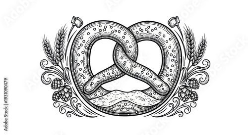 Hand-drawn pretzel logo with wheat and hops, Oktoberfest, bakery icon