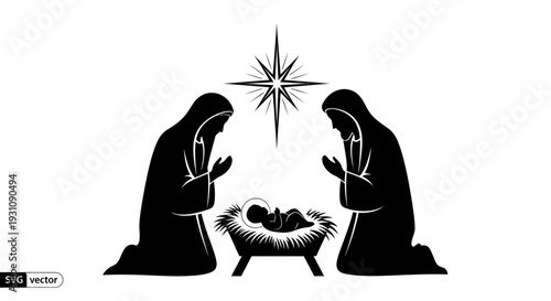 Nativity scene silhouette: Mary, Joseph, baby Jesus, manger, star of Bethlehem