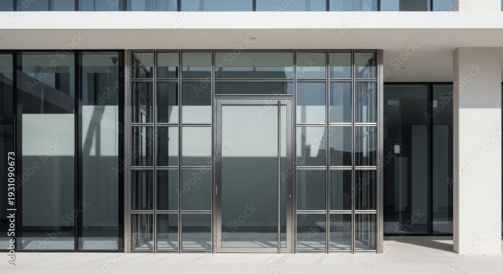 Fototapeta premium Modern Glass Entrance with Sliding Doors in Contemporary Building