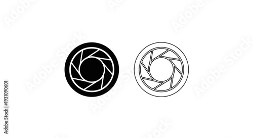 Camera lens aperture blades open close black white illustration Vector