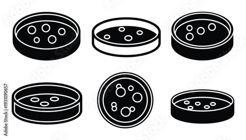 Petri dishes with cell colonies, microbiology laboratory research experiments, black and white vector illustration, isolated.