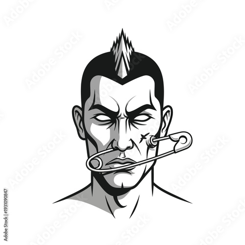 Punk Rock Rebel with Safety Pin Piercing and Mohawk. Black and White Graphic Illustration Symbolizing Defiance, Nonconformity, and Alternative Youth Culture