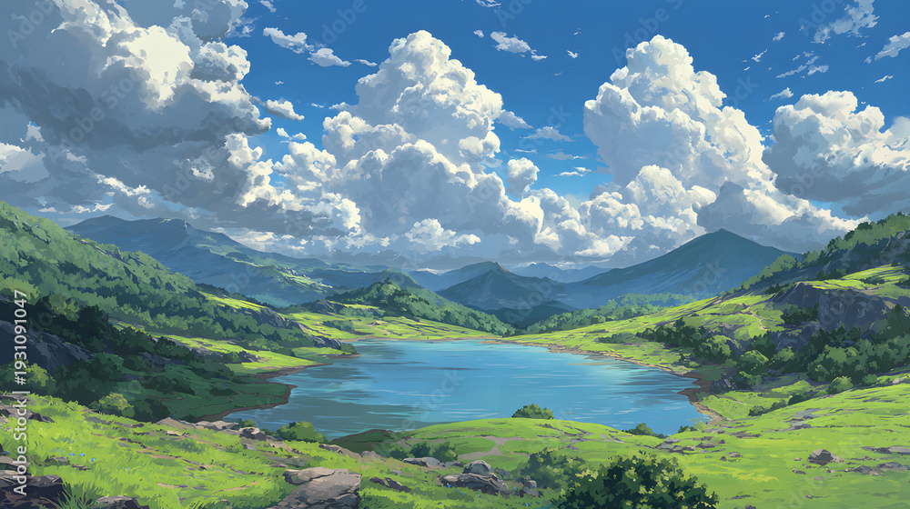 Fototapeta premium A serene landscape of a lake surrounded by lush green hills and mountains under a blue sky fluffy white clouds