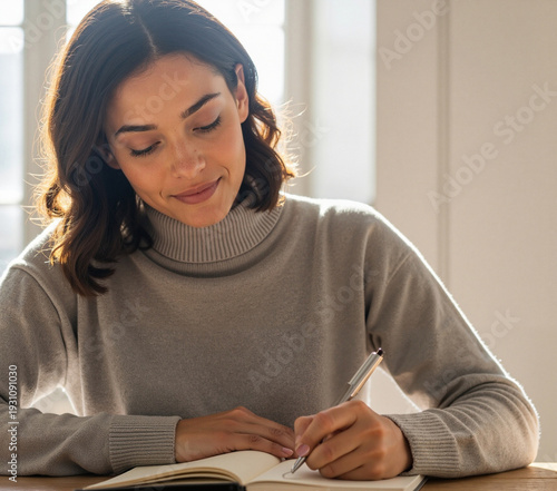 Young woman writing in notebook while sitting at a table indoors  