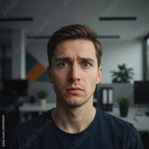 Young man looking concerned while sitting in modern office space  
